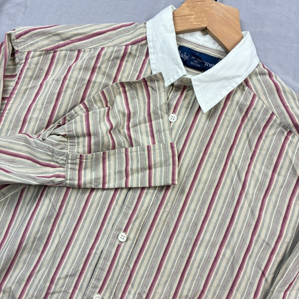 Ralph Lauren Striped Button Up Shirt Womens 8 Contrast Collar Linen Cotton VTG